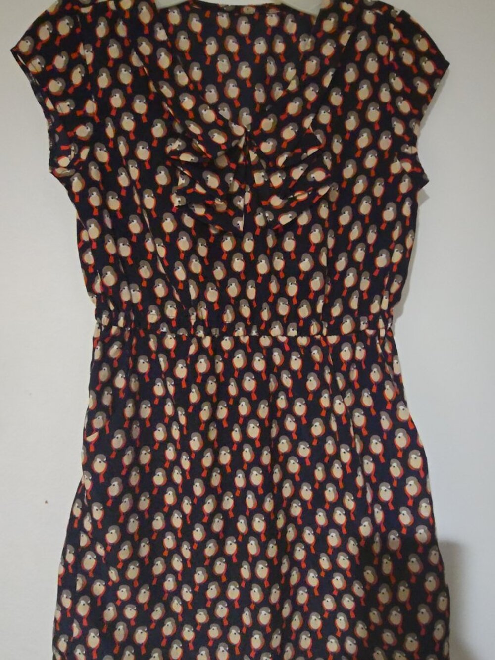 BeBop Navy Robin Bird Print Dress Cap Sleeve Ruffle Front Elastic Waist